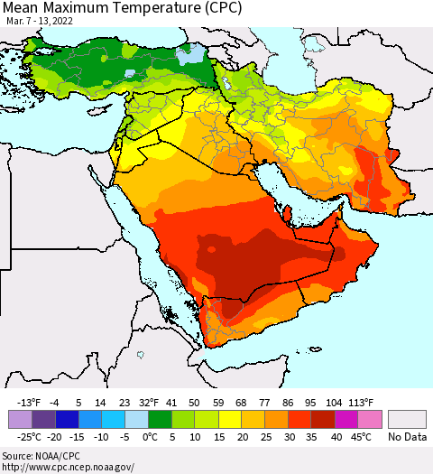Middle East and Turkey Mean Maximum Temperature (CPC) Thematic Map For 3/7/2022 - 3/13/2022