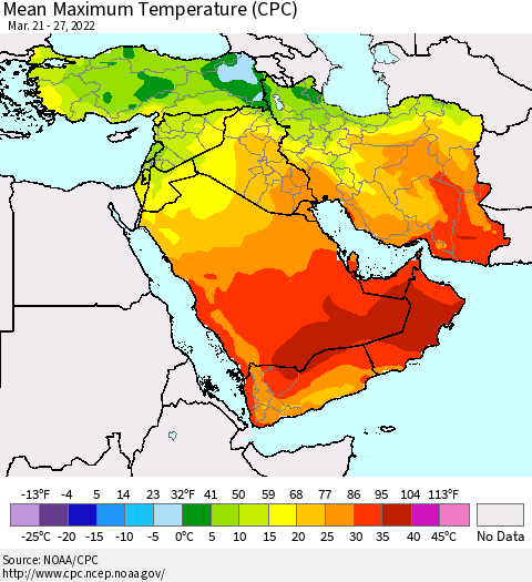 Middle East and Turkey Mean Maximum Temperature (CPC) Thematic Map For 3/21/2022 - 3/27/2022