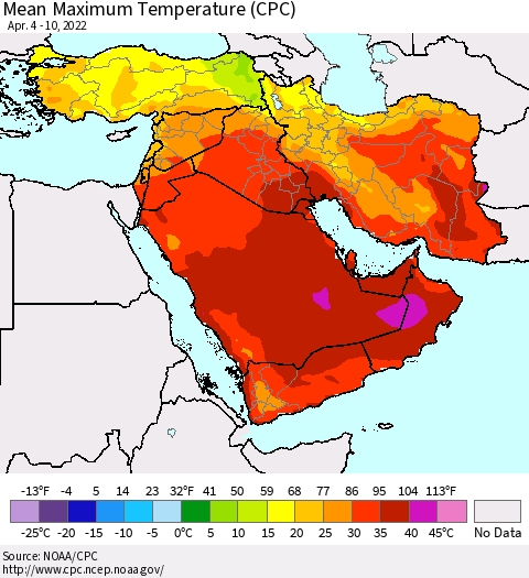 Middle East and Turkey Mean Maximum Temperature (CPC) Thematic Map For 4/4/2022 - 4/10/2022