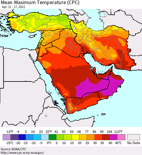 Middle East and Turkey Mean Maximum Temperature (CPC) Thematic Map For 4/11/2022 - 4/17/2022