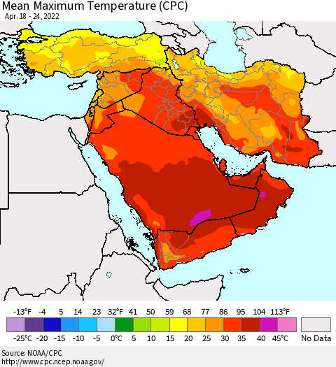 Middle East and Turkey Mean Maximum Temperature (CPC) Thematic Map For 4/18/2022 - 4/24/2022