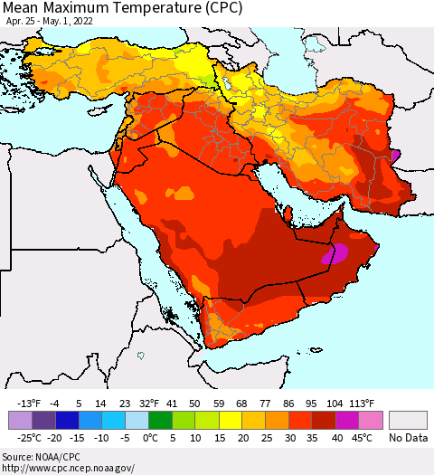 Middle East and Turkey Mean Maximum Temperature (CPC) Thematic Map For 4/25/2022 - 5/1/2022
