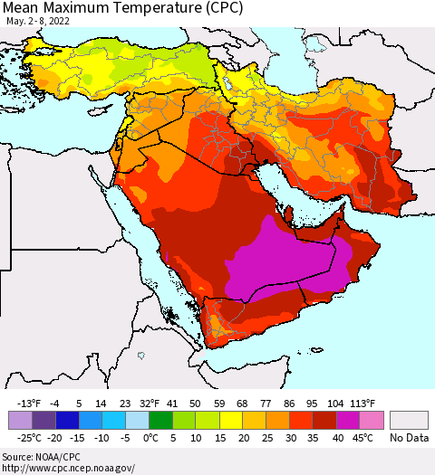 Middle East and Turkey Mean Maximum Temperature (CPC) Thematic Map For 5/2/2022 - 5/8/2022
