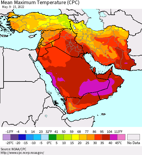 Middle East and Turkey Mean Maximum Temperature (CPC) Thematic Map For 5/9/2022 - 5/15/2022