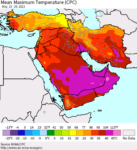 Middle East and Turkey Mean Maximum Temperature (CPC) Thematic Map For 5/23/2022 - 5/29/2022