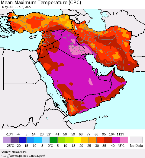 Middle East and Turkey Mean Maximum Temperature (CPC) Thematic Map For 5/30/2022 - 6/5/2022