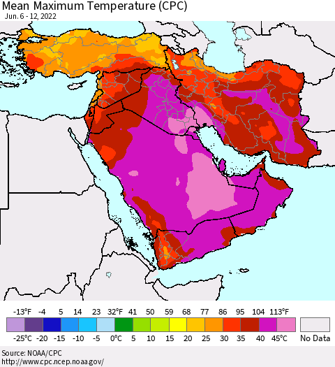 Middle East and Turkey Mean Maximum Temperature (CPC) Thematic Map For 6/6/2022 - 6/12/2022
