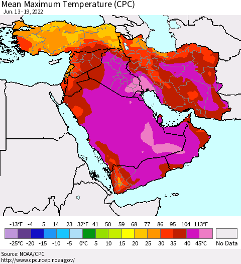 Middle East and Turkey Mean Maximum Temperature (CPC) Thematic Map For 6/13/2022 - 6/19/2022