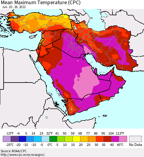 Middle East and Turkey Mean Maximum Temperature (CPC) Thematic Map For 6/20/2022 - 6/26/2022