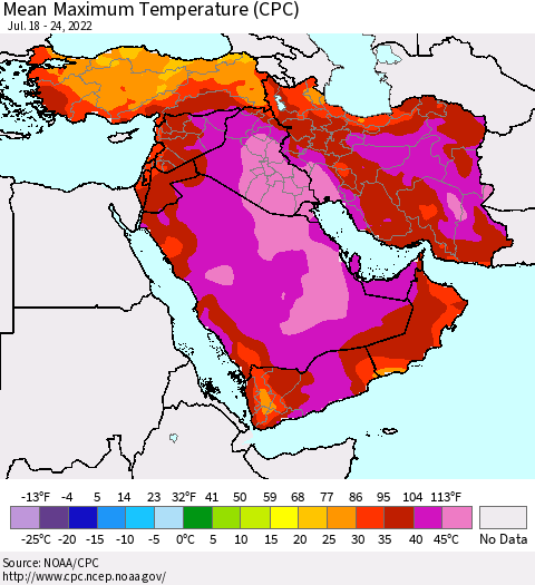 Middle East and Turkey Mean Maximum Temperature (CPC) Thematic Map For 7/18/2022 - 7/24/2022