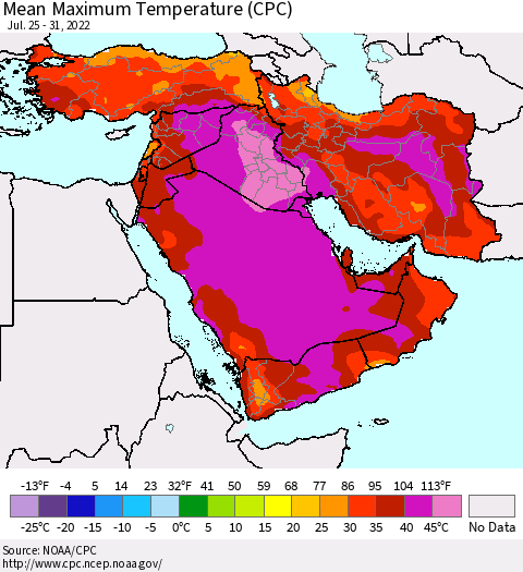 Middle East and Turkey Mean Maximum Temperature (CPC) Thematic Map For 7/25/2022 - 7/31/2022