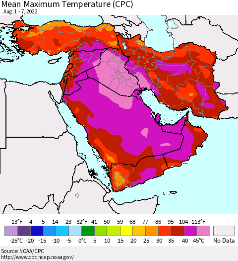 Middle East and Turkey Mean Maximum Temperature (CPC) Thematic Map For 8/1/2022 - 8/7/2022