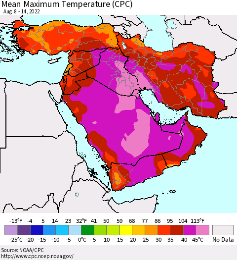 Middle East and Turkey Mean Maximum Temperature (CPC) Thematic Map For 8/8/2022 - 8/14/2022