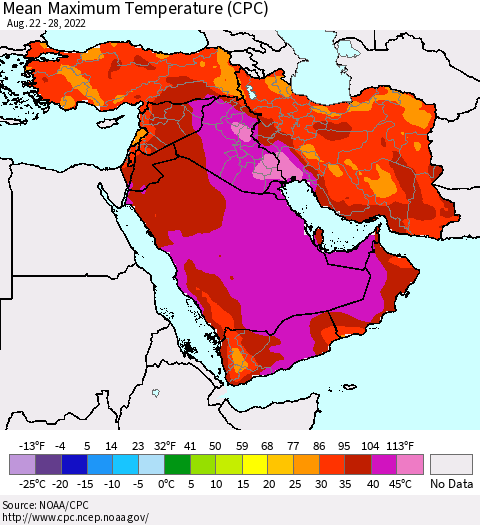 Middle East and Turkey Mean Maximum Temperature (CPC) Thematic Map For 8/22/2022 - 8/28/2022