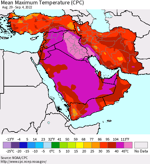 Middle East and Turkey Mean Maximum Temperature (CPC) Thematic Map For 8/29/2022 - 9/4/2022