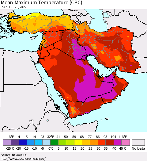 Middle East and Turkey Mean Maximum Temperature (CPC) Thematic Map For 9/19/2022 - 9/25/2022