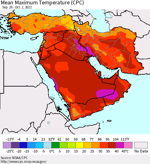 Middle East and Turkey Mean Maximum Temperature (CPC) Thematic Map For 9/26/2022 - 10/2/2022