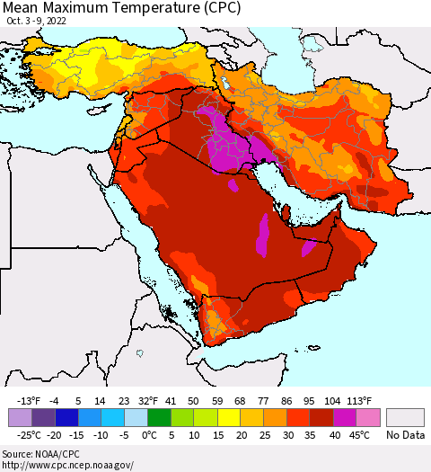 Middle East and Turkey Mean Maximum Temperature (CPC) Thematic Map For 10/3/2022 - 10/9/2022