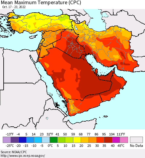 Middle East and Turkey Mean Maximum Temperature (CPC) Thematic Map For 10/17/2022 - 10/23/2022