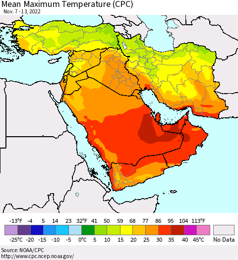 Middle East and Turkey Mean Maximum Temperature (CPC) Thematic Map For 11/7/2022 - 11/13/2022