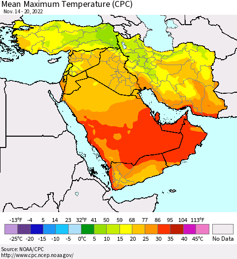 Middle East and Turkey Mean Maximum Temperature (CPC) Thematic Map For 11/14/2022 - 11/20/2022