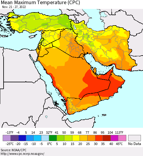 Middle East and Turkey Mean Maximum Temperature (CPC) Thematic Map For 11/21/2022 - 11/27/2022