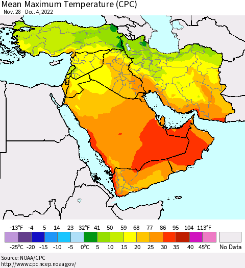 Middle East and Turkey Mean Maximum Temperature (CPC) Thematic Map For 11/28/2022 - 12/4/2022