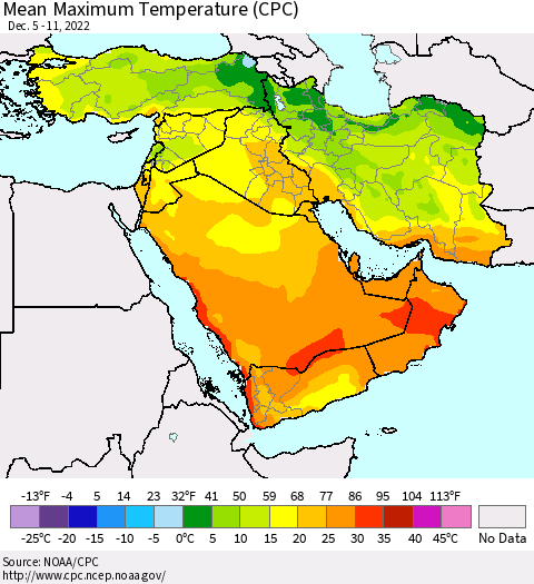 Middle East and Turkey Mean Maximum Temperature (CPC) Thematic Map For 12/5/2022 - 12/11/2022