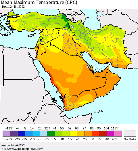 Middle East and Turkey Mean Maximum Temperature (CPC) Thematic Map For 12/12/2022 - 12/18/2022