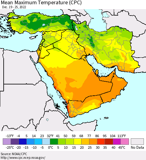 Middle East and Turkey Mean Maximum Temperature (CPC) Thematic Map For 12/19/2022 - 12/25/2022
