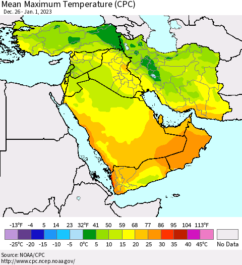 Middle East and Turkey Mean Maximum Temperature (CPC) Thematic Map For 12/26/2022 - 1/1/2023