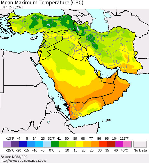 Middle East and Turkey Mean Maximum Temperature (CPC) Thematic Map For 1/2/2023 - 1/8/2023