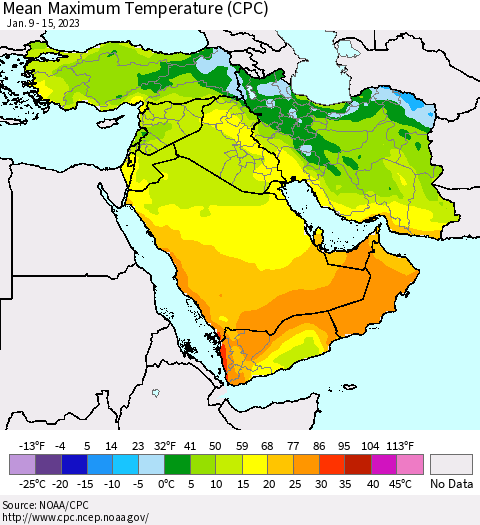 Middle East and Turkey Mean Maximum Temperature (CPC) Thematic Map For 1/9/2023 - 1/15/2023