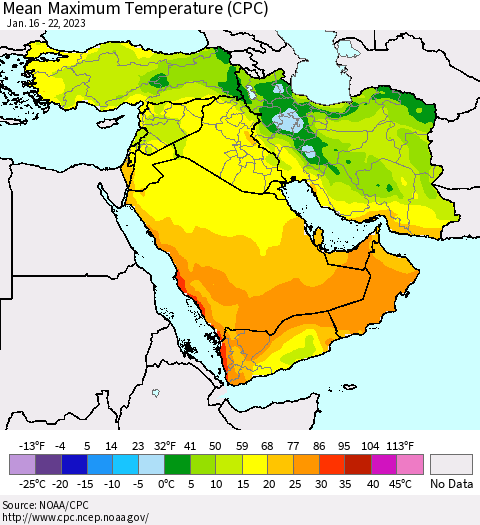 Middle East and Turkey Mean Maximum Temperature (CPC) Thematic Map For 1/16/2023 - 1/22/2023