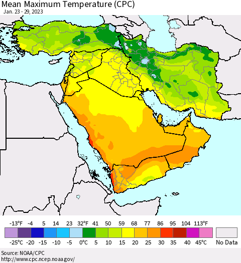 Middle East and Turkey Mean Maximum Temperature (CPC) Thematic Map For 1/23/2023 - 1/29/2023