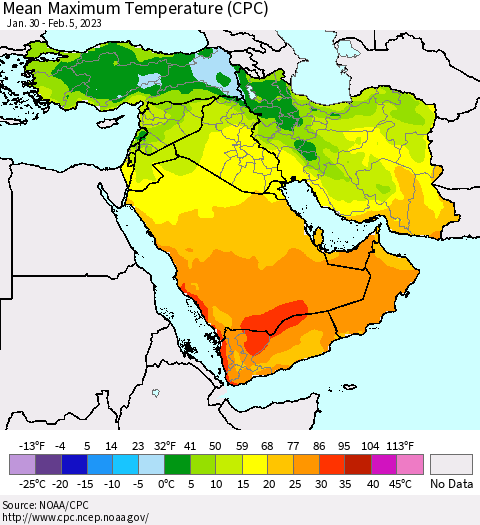 Middle East and Turkey Mean Maximum Temperature (CPC) Thematic Map For 1/30/2023 - 2/5/2023