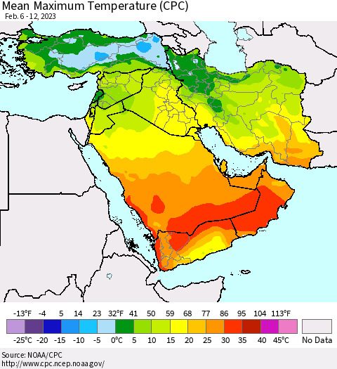 Middle East and Turkey Mean Maximum Temperature (CPC) Thematic Map For 2/6/2023 - 2/12/2023