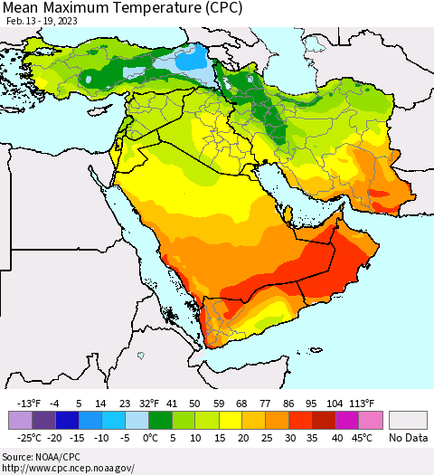 Middle East and Turkey Mean Maximum Temperature (CPC) Thematic Map For 2/13/2023 - 2/19/2023