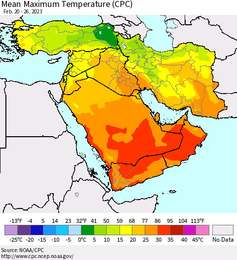 Middle East and Turkey Mean Maximum Temperature (CPC) Thematic Map For 2/20/2023 - 2/26/2023