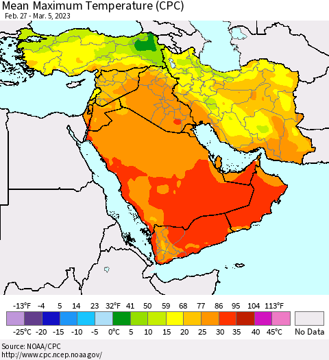 Middle East and Turkey Mean Maximum Temperature (CPC) Thematic Map For 2/27/2023 - 3/5/2023