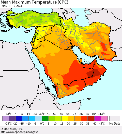 Middle East and Turkey Mean Maximum Temperature (CPC) Thematic Map For 3/13/2023 - 3/19/2023