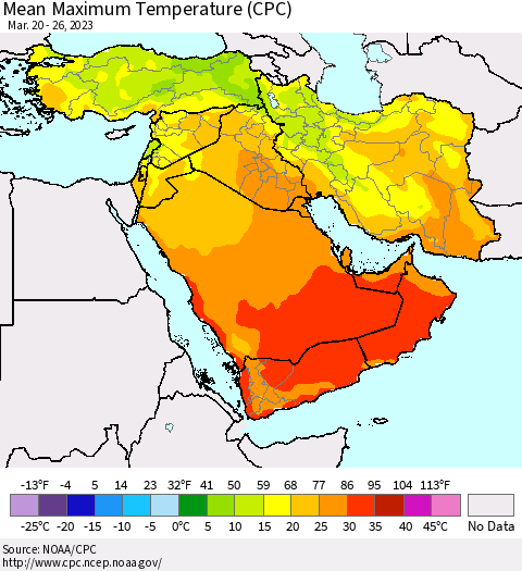 Middle East and Turkey Mean Maximum Temperature (CPC) Thematic Map For 3/20/2023 - 3/26/2023