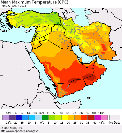 Middle East and Turkey Mean Maximum Temperature (CPC) Thematic Map For 3/27/2023 - 4/2/2023