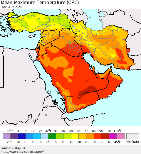 Middle East and Turkey Mean Maximum Temperature (CPC) Thematic Map For 4/3/2023 - 4/9/2023