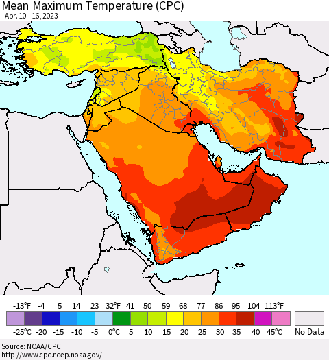 Middle East and Turkey Mean Maximum Temperature (CPC) Thematic Map For 4/10/2023 - 4/16/2023