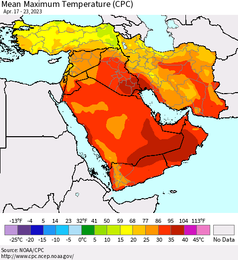 Middle East and Turkey Mean Maximum Temperature (CPC) Thematic Map For 4/17/2023 - 4/23/2023