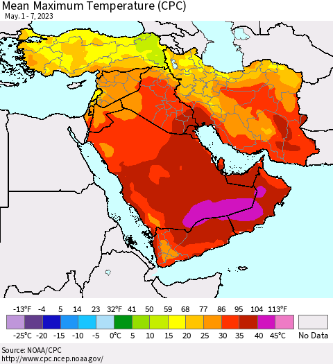 Middle East and Turkey Mean Maximum Temperature (CPC) Thematic Map For 5/1/2023 - 5/7/2023