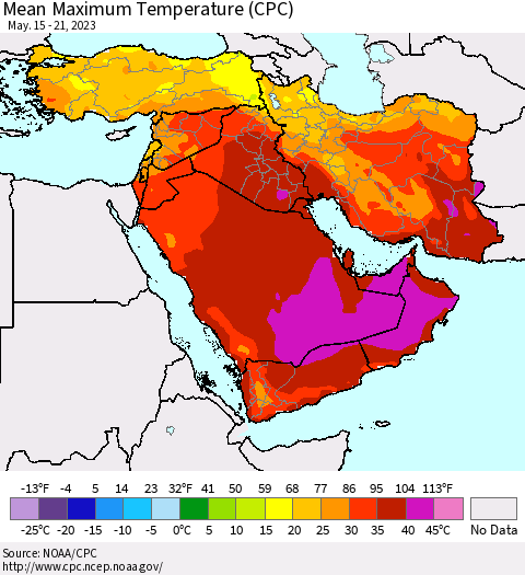 Middle East and Turkey Mean Maximum Temperature (CPC) Thematic Map For 5/15/2023 - 5/21/2023