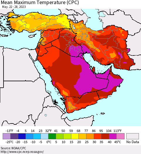 Middle East and Turkey Mean Maximum Temperature (CPC) Thematic Map For 5/22/2023 - 5/28/2023