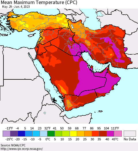 Middle East and Turkey Mean Maximum Temperature (CPC) Thematic Map For 5/29/2023 - 6/4/2023